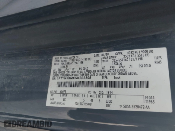 2019 Ford Transit with VIN 1FTYR3XMXKKB33505, listed as a IAAI auction lot 42569023 with 102,154 mi miles and . Bid and sale history available at DreamBid. Image 9.