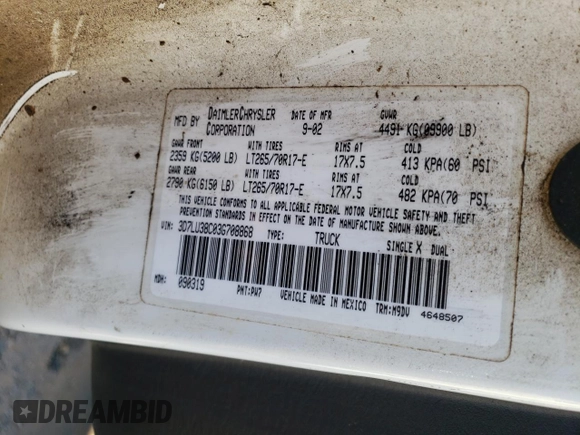 2003 Dodge Ram 3500 ST with VIN 3D7LU38C03G708868, listed as a Copart auction lot 76327364 with 208,197 mi miles and Salvage Title. Bid and sale history available at carsss.com. Image 14.