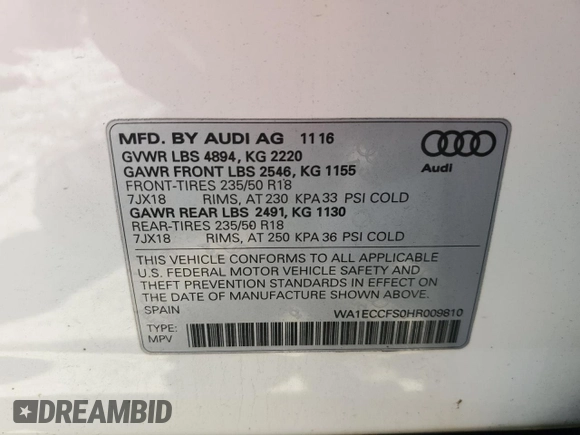 2017 Audi Q3 Premium with VIN WA1ECCFS0HR009810, listed as a Copart auction lot 51091023 with 68,454 mi miles. Bid and sale history available at carsss.com. Image 14.