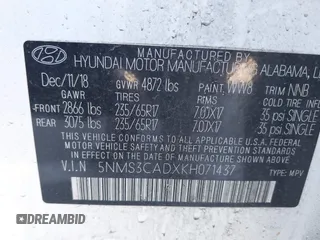2019 Hyundai Santa Fe SEL z VIN 5NMS3CADXKH071437, wystawiony jako IAAI lot #41752902 z przebiegiem 66 980 mil mil oraz . Historia ofert i sprzedaży dostępna na DreamBid. Obrazek 9.