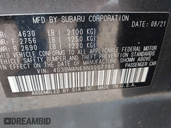 2022 Subaru Legacy Limited with VIN 4S3BWAN69N3007190, listed as a IAAI auction lot 42589995 with 34,411 mi miles and . Bid and sale history available at DreamBid. Image 9.