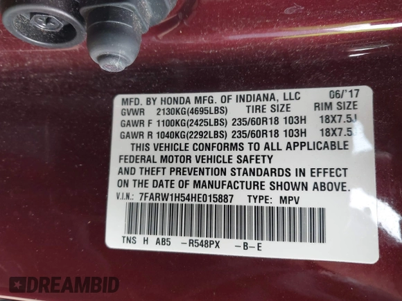 2017 Honda CR-V EX with VIN 7FARW1H54HE015887, listed as a IAAI auction lot 41699852 with 76,804 mi miles. Bid and sale history available at carsss.com. Image 9.