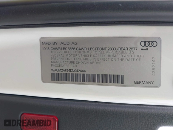 2019 Audi A6 Prestige with VIN WAUM2AF26KN042444, listed as a IAAI auction lot 41174343 with 52,322 mi miles. Bid and sale history available at carsss.com. Image 9.