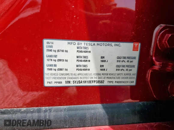 2014 Tesla Model S 60 with VIN 5YJSA1H18EFP38582, listed as a Copart auction lot 56581735 with 69,106 mi miles and Salvage title. Bid and sale history available at DreamBid. Image 12.