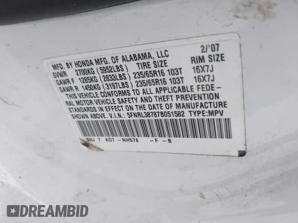 2007 Honda Odyssey EX-L with VIN 5FNRL38787B051582, listed as a IAAI auction lot 42104718 with 193,630 mi miles and . Bid and sale history available at DreamBid. Image 9.