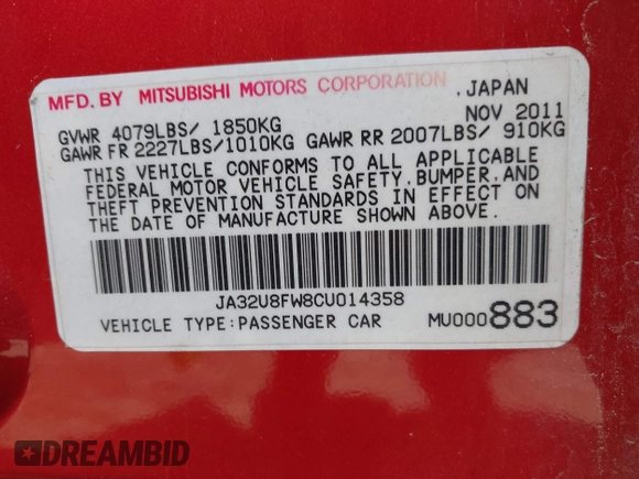 2012 Mitsubishi Lancer GT with VIN JA32U8FW8CU014358, listed as a IAAI auction lot 42502795 with 277,869 mi miles and . Bid and sale history available at DreamBid. Image 9.