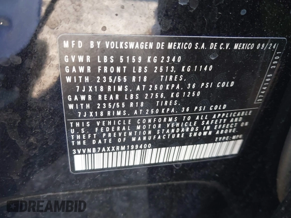 2024 Volkswagen Tiguan SE with VIN 3VVNB7AXXRM199400, listed as a IAAI auction lot 42216941 with 11,581 mi miles and . Bid and sale history available at DreamBid. Image 9.