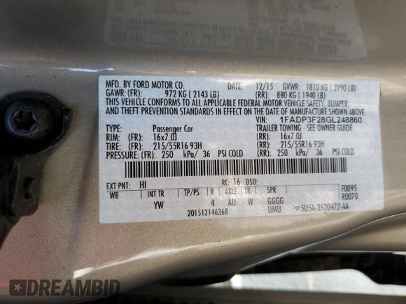 2016 Ford Focus SE with VIN 1FADP3F28GL248860, listed as a Copart auction lot 61537505 with 51,162 mi miles and Salvage title. Bid and sale history available at DreamBid. Image 13.