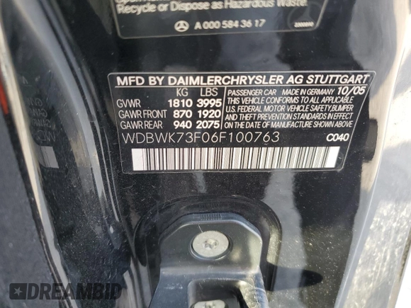 2006 Mercedes-Benz SLK-Class 5.5L AMG with VIN WDBWK73F06F100763, listed as a Copart auction lot 86308114 with 147,759 mi miles and Salvage Title. Bid and sale history available at carsss.com. Image 12.