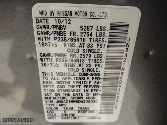 2013 Nissan Murano SL with VIN JN8AZ1MW6DW306030, listed as a IAAI auction lot 41848732 with 113,923 mi miles. Bid and sale history available at carsss.com. Image 9.