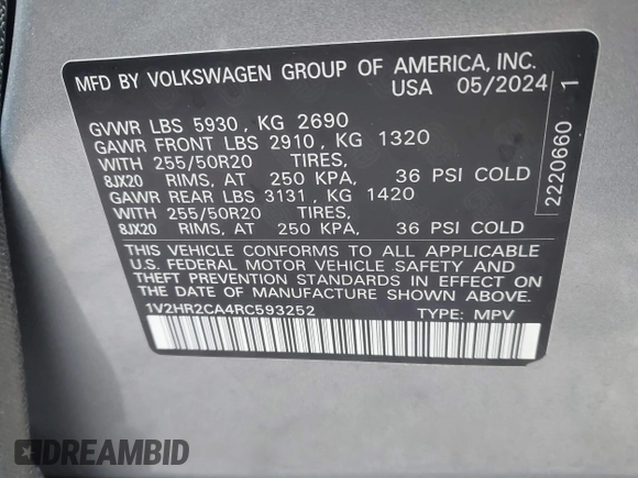 2024 Volkswagen Atlas SE with VIN 1V2HR2CA4RC593252, listed as a IAAI auction lot 41828371 with 7,317 mi miles and . Bid and sale history available at DreamBid. Image 9.