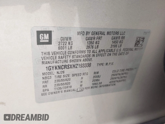 2017 Cadillac XT5 Premium Luxury FWD with VIN 1GYKNCRSXHZ193338, listed as a IAAI auction lot 42134235 with Not provided miles and . Bid and sale history available at DreamBid. Image 9.