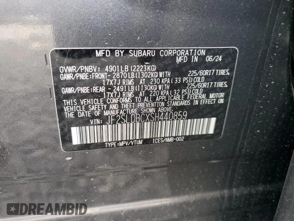 2025 Subaru Forester Premium with VIN JF2SLDBCXSH440859, listed as a Copart auction lot 45358015 with 2,210 mi miles and Salvage Title. Bid and sale history available at carsss.com. Image 12.