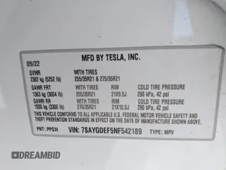 2022 Tesla Model Y Performance with VIN 7SAYGDEF5NF542189, listed as a IAAI auction lot 41643254 with 18,865 mi miles and . Bid and sale history available at DreamBid. Image 9.