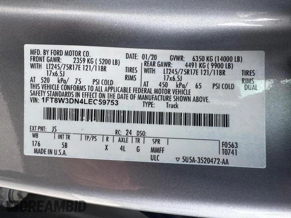 2020 Ford F-350 with VIN 1FT8W3DN4LEC59753, listed as a Copart auction lot 50727805 with 50,534 mi miles and Non repairable. Bid and sale history available at DreamBid. Image 15.