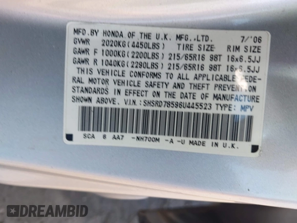 2006 Honda CR-V LX z VIN SHSRD78596U445523, wystawiony jako IAAI lot #42212230 z przebiegiem 141 228 mil mil oraz . Historia ofert i sprzedaży dostępna na DreamBid. Obrazek 9.