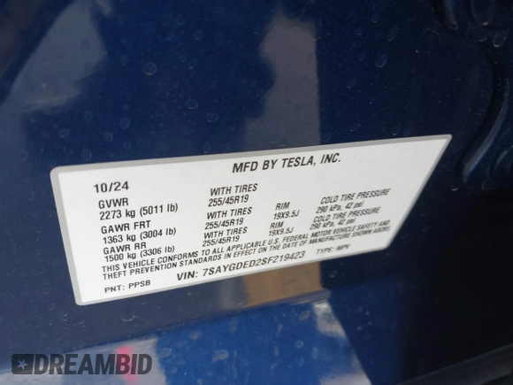 2025 Tesla Model Y Long Range with VIN 7SAYGDED2SF219423, listed as a IAAI auction lot 40984912 with 728 mi miles and . Bid and sale history available at DreamBid. Image 9.