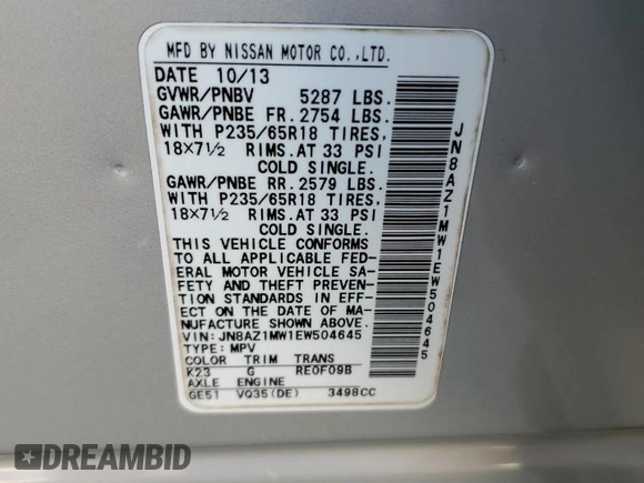2014 Nissan Murano S with VIN JN8AZ1MW1EW504645, listed as a Copart auction lot 50067035 with 151,422 mi miles and Salvage Title. Bid and sale history available at DreamBid. Image 15.