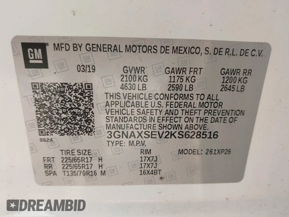 2019 Chevrolet Equinox LS with VIN 3GNAXSEV2KS628516, listed as a IAAI auction lot 41941618 with 166,174 mi miles and . Bid and sale history available at DreamBid. Image 9.