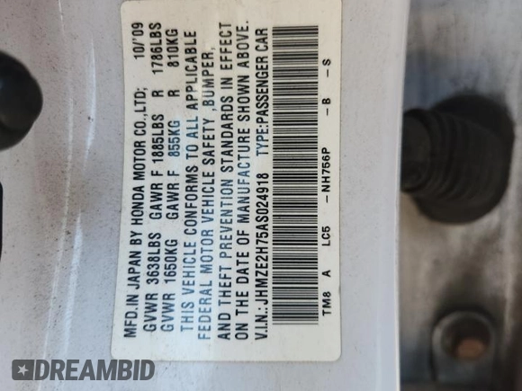 2010 Honda Insight EX с VIN JHMZE2H75AS024918, выставлен на аукционе Copart как лот 66526265 с пробегом 312 605 миль миль и Списание • Salvage title. История ставок и продаж доступна на DreamBid. Изображение 12.