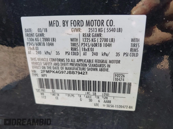 2018 Ford Edge SE with VIN 2FMPK4G97JBB79427, listed as a IAAI auction lot 42145566 with 112,050 mi miles and . Bid and sale history available at DreamBid. Image 9.