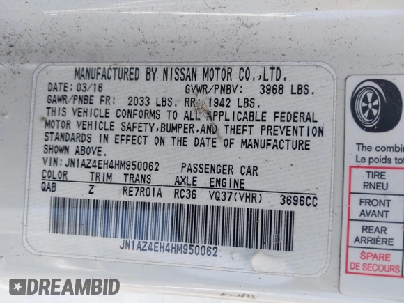 2017 Nissan 370Z with VIN JN1AZ4EH4HM950062, listed as a IAAI auction lot 39140973 with 86,259 mi miles. Bid and sale history available at carsss.com. Image 9.