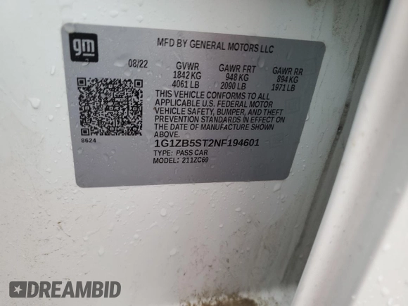 2022 Chevrolet Malibu LS with VIN 1G1ZB5ST2NF194601, listed as a Copart auction lot 51631345 with 43,440 mi miles and Salvage Title. Bid and sale history available at DreamBid. Image 14.