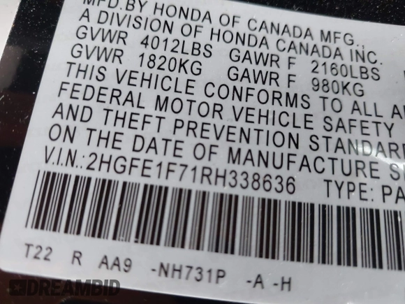 2024 Honda Civic Sedan EX with VIN 2HGFE1F71RH338636, listed as a IAAI auction lot 41905247 with 1,152 mi miles. Bid and sale history available at carsss.com. Image 9.