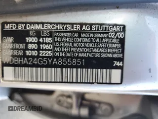 2000 Mercedes-Benz C 230 Kompressor with VIN WDBHA24G5YA855851, listed as a Copart auction lot 59222905 with Not provided miles and Salvage title. Bid and sale history available at DreamBid. Image 12.