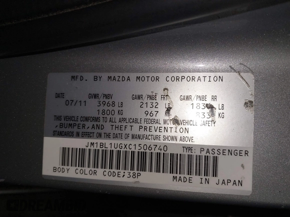 2012 Mazda 3 i Sport with VIN JM1BL1UGXC1506740, listed as a IAAI auction lot 41391664 with 179,450 mi miles and . Bid and sale history available at DreamBid. Image 9.