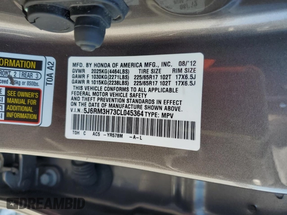 2012 Honda CR-V EX-L with VIN 5J6RM3H73CL045364, listed as a Copart auction lot 52605205 with 168,818 mi miles and Salvage Title. Bid and sale history available at carsss.com. Image 14.