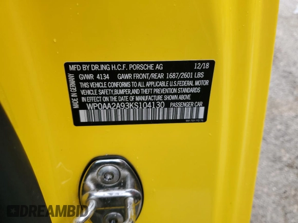 2019 Porsche 911 Carrera with VIN WP0AA2A93KS104130, listed as a Copart auction lot 74733714 with 43,418 mi miles and Salvage Title. Bid and sale history available at DreamBid. Image 12.