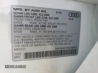 2022 Audi Q5 Sportback S line Premium Plus with VIN WA15AAFY2N2049972, listed as a Copart auction lot 56050245 with 42,730 mi miles and Salvage title. Bid and sale history available at DreamBid. Image 14.