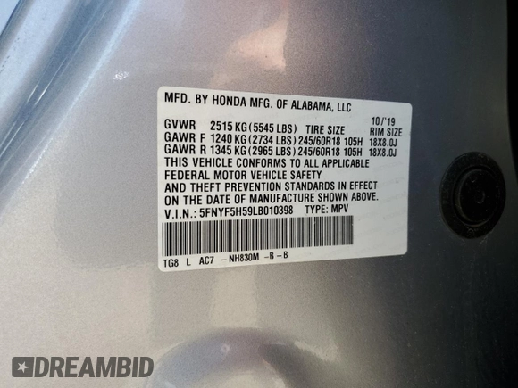 2020 Honda Pilot EX-L с VIN 5FNYF5H59LB010398, выставлен на аукционе Copart как лот 51812005 с пробегом 81 000 миль миль и Списание • Salvage title. История ставок и продаж доступна на DreamBid. Изображение 13.