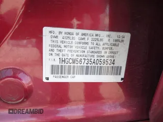 2005 Honda Accord EX with VIN 1HGCM56735A059534, listed as a IAAI auction lot 42209563 with 157,671 mi miles and . Bid and sale history available at DreamBid. Image 9.