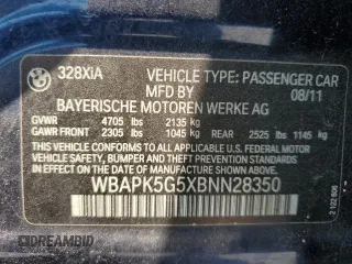 2011 BMW 3 Series 328i xDrive with VIN WBAPK5G5XBNN28350, listed as a Copart auction lot 57783295 with Not provided miles and Clean title. Bid and sale history available at DreamBid. Image 12.