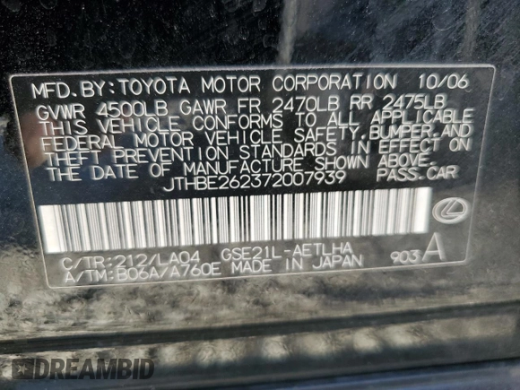 2007 Lexus IS 350 with VIN JTHBE262372007939, listed as a Copart auction lot 61775925 with 146,064 mi miles and Salvage title. Bid and sale history available at DreamBid. Image 13.