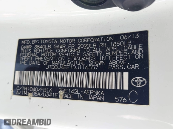 2013 Toyota Corolla L with VIN JTDBU4EE1DJ116557, listed as a IAAI auction lot 41981691 with 169,898 mi miles. Bid and sale history available at carsss.com. Image 9.