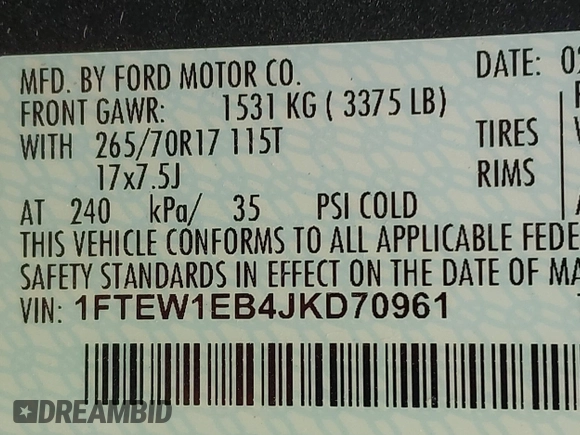 2018 Ford F-150 XL с VIN 1FTEW1EB4JKD70961, выставлен на аукционе IAAI как лот 42481830 с пробегом 76 972 миль миль и . История ставок и продаж доступна на DreamBid. Изображение 9.