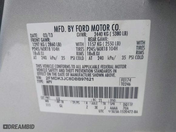 2013 Ford Edge SEL with VIN 2FMDK3JC8DBB97621, listed as a IAAI auction lot 41100900 with 200,806 mi miles. Bid and sale history available at carsss.com. Image 9.