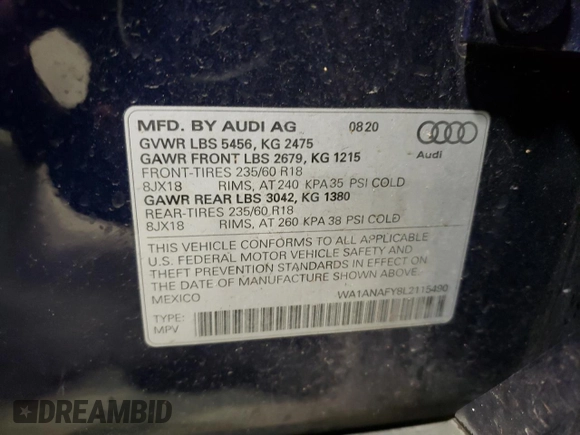 2020 Audi Q5 Premium with VIN WA1ANAFY8L2115490, listed as a Copart auction lot 87094424 with 49,528 mi miles and Salvage Title. Bid and sale history available at carsss.com. Image 15.