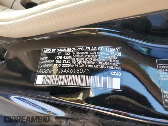 2004 Mercedes-Benz C 240 с VIN WDBRF61J64A616073, выставлен на аукционе Copart как лот 57144655 с пробегом 106 066 миль миль и Списание • Salvage title. История ставок и продаж доступна на DreamBid. Изображение 12.