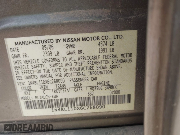 2006 Nissan Altima SE with VIN 1N4BL11DX6C268090, listed as a IAAI auction lot 42374346 with 195,240 mi miles and . Bid and sale history available at DreamBid. Image 9.
