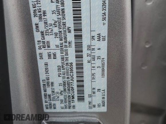 2018 Ford Escape S with VIN 1FMCU0F77JUC39556, listed as a Copart auction lot 46264845 with 50,932 mi miles and Salvage title. Bid and sale history available at DreamBid. Image 14.