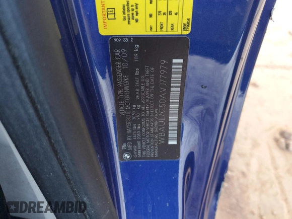 2010 BMW 1 Series 128i with VIN WBAUL7C50AVJ77979, listed as a Copart auction lot 79938664 with 53,740 mi miles and Salvage title. Bid and sale history available at DreamBid. Image 12.