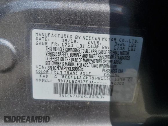 2019 Nissan Versa SV z VIN 3N1CN7AP2KL800634, wystawiony jako Copart lot #49775895 z przebiegiem 115 948 mil mil oraz Czysty tytuł • Clean title. Historia ofert i sprzedaży dostępna na DreamBid. Obrazek 12.