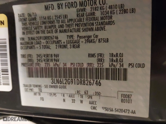2013 Lincoln MKZ with VIN 3LN6L2G91DR826746, listed as a IAAI auction lot 40977256 with 164,418 mi miles. Bid and sale history available at carsss.com. Image 9.
