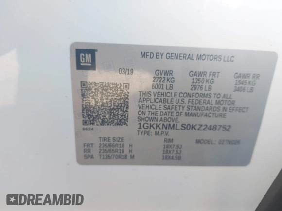 2019 GMC Acadia SLT z VIN 1GKKNMLS0KZ248752, wystawiony jako IAAI lot #41696891 z przebiegiem 97 142 mil mil oraz . Historia ofert i sprzedaży dostępna na DreamBid. Obrazek 9.