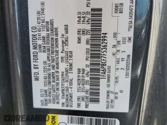 2015 Ford Mustang GT z VIN 1FA6P8CF7F5362994, wystawiony jako Copart lot #54863115 z przebiegiem 90 686 mil mil oraz Szkoda całkowita • Salvage title. Historia ofert i sprzedaży dostępna na DreamBid. Obrazek 12.
