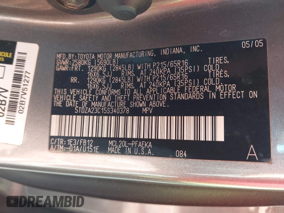 2005 Toyota Sienna CE with VIN 5TDZA23C15S340378, listed as a IAAI auction lot 41817609 with 307,384 mi miles and . Bid and sale history available at DreamBid. Image 9.